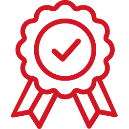 Red award rosette badge with a tick in the middle icon