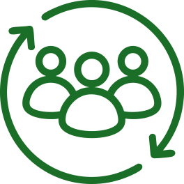 Culture icon. Rotating green arrow around a group of people.