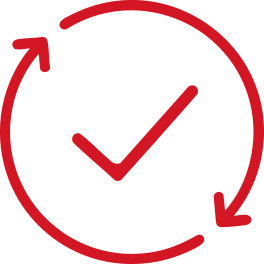 Culture icon. Rotating arrow around a red tick.