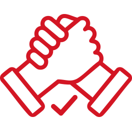 Red hand clasping another hand icon. There is a tick between the two hands