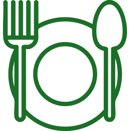 Green fork, spoon and plate icon